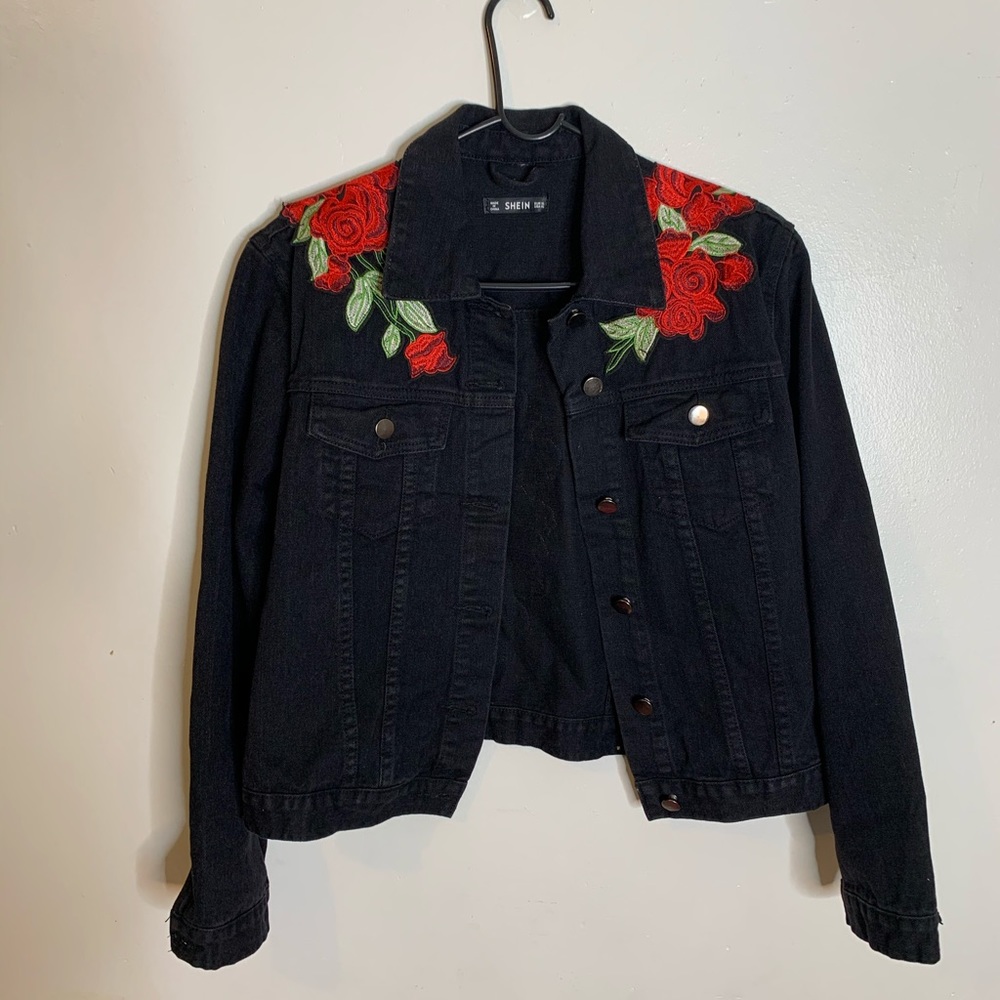 Black Denim Jacket with rose patches